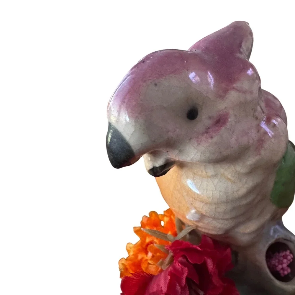 Vintage Ceramic Parrot Figurine Pink Green Tropical Bird with Flowers‎ 5 inch